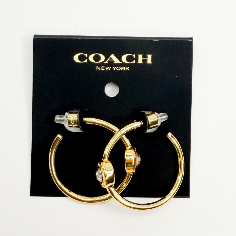 Coach Gold Tone Signature C Halo Pave Crystal Hoop Earrings NWT Preppy Luxury